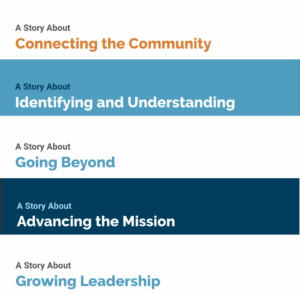 Screenshots from the headers from stories about clients of Transform Consulting Group with messaging, branding, and alignment to the mission of TCG in the 2024 TCG Annual Report